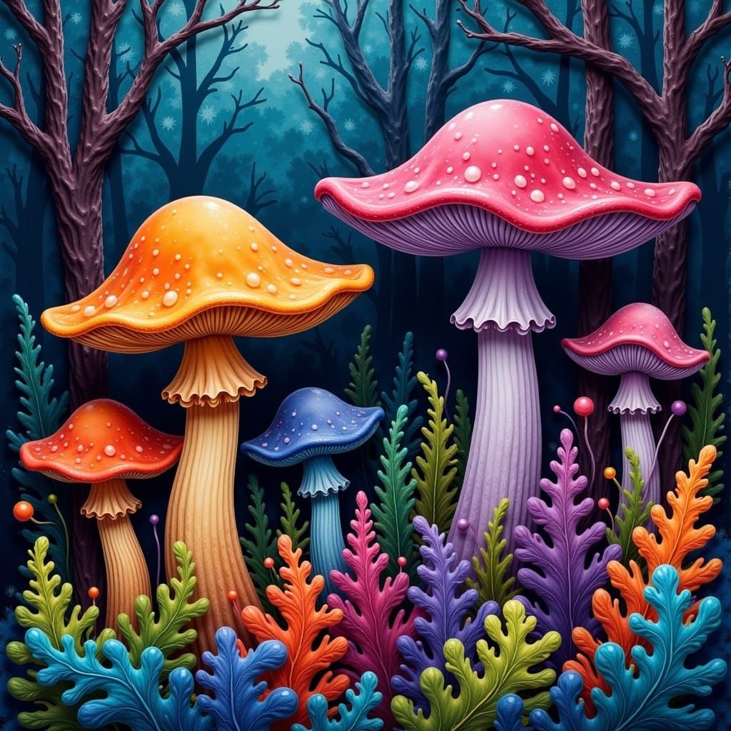 Vibrant Mystical Forest with Realistic Mushrooms and Ferns