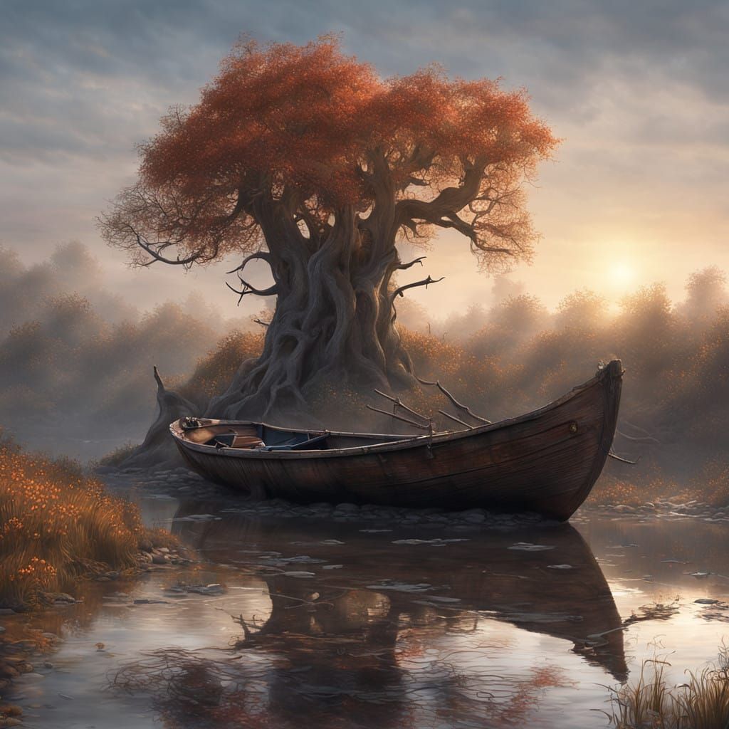 Ethereal Sunset on Desolate Waters in a Fantastical Landscap...