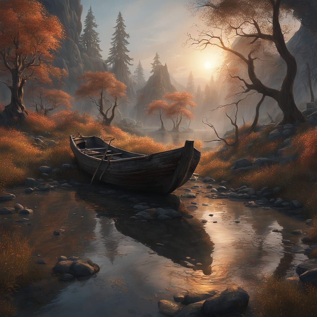 Twisted Tree Silhouettes in a Mysterious Sunset Landscape