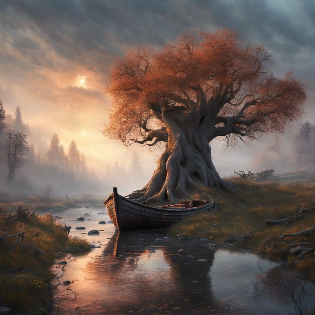 Majestic Old Wooden Boat in Haunting Landscape