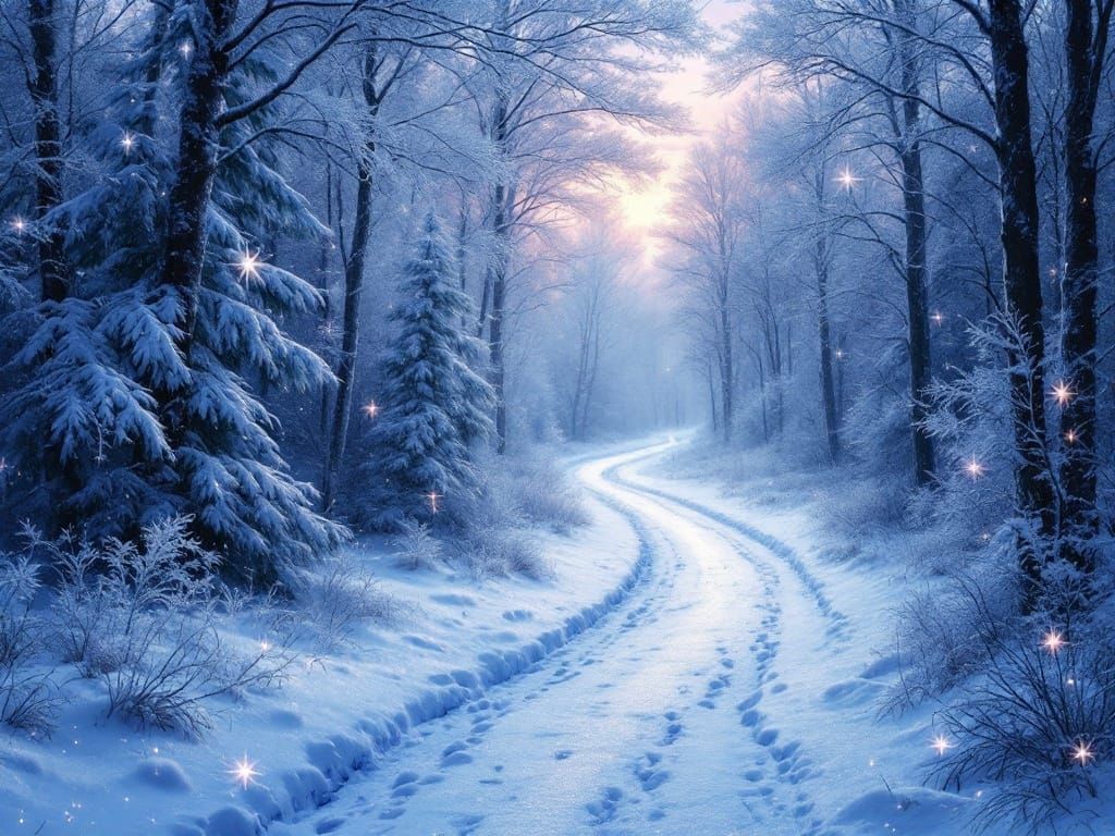 Winter Forest Path Sparkles in Art Nouveau Style