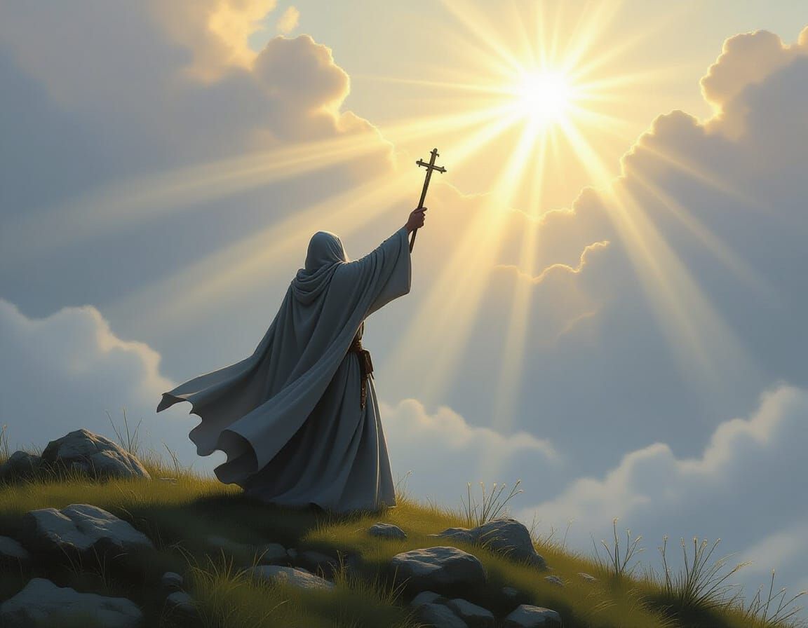 Wizard Invokes Divine Power on Hilltop