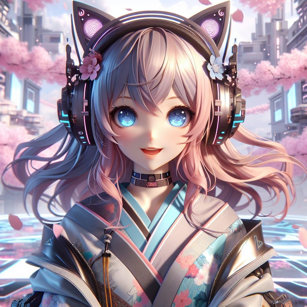Anime Avatar with Cat Ears in Futuristic Cityscape