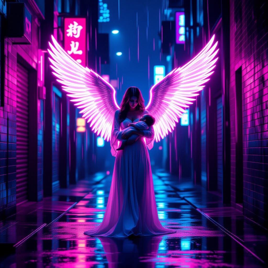 Neon Angel Protects Baby in Dark Alley