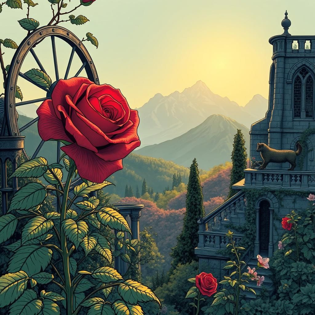 Surreal Rose and Steel Landscape in Comic Book Art
