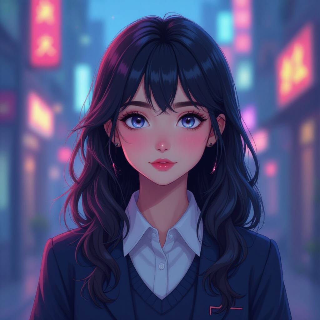 Dark-Haired Student Girl in Neon Glitch Art