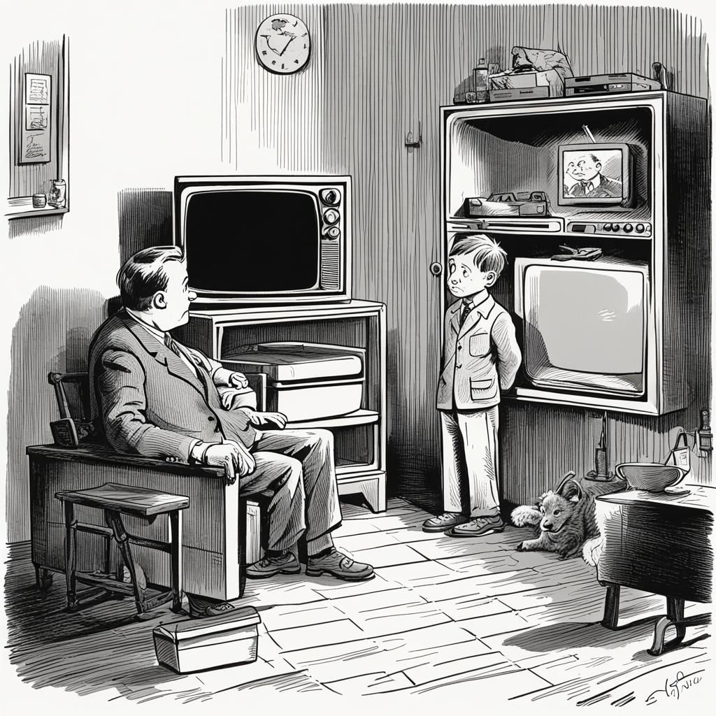 Satirical Cartoon of Man and Boy Watching TV