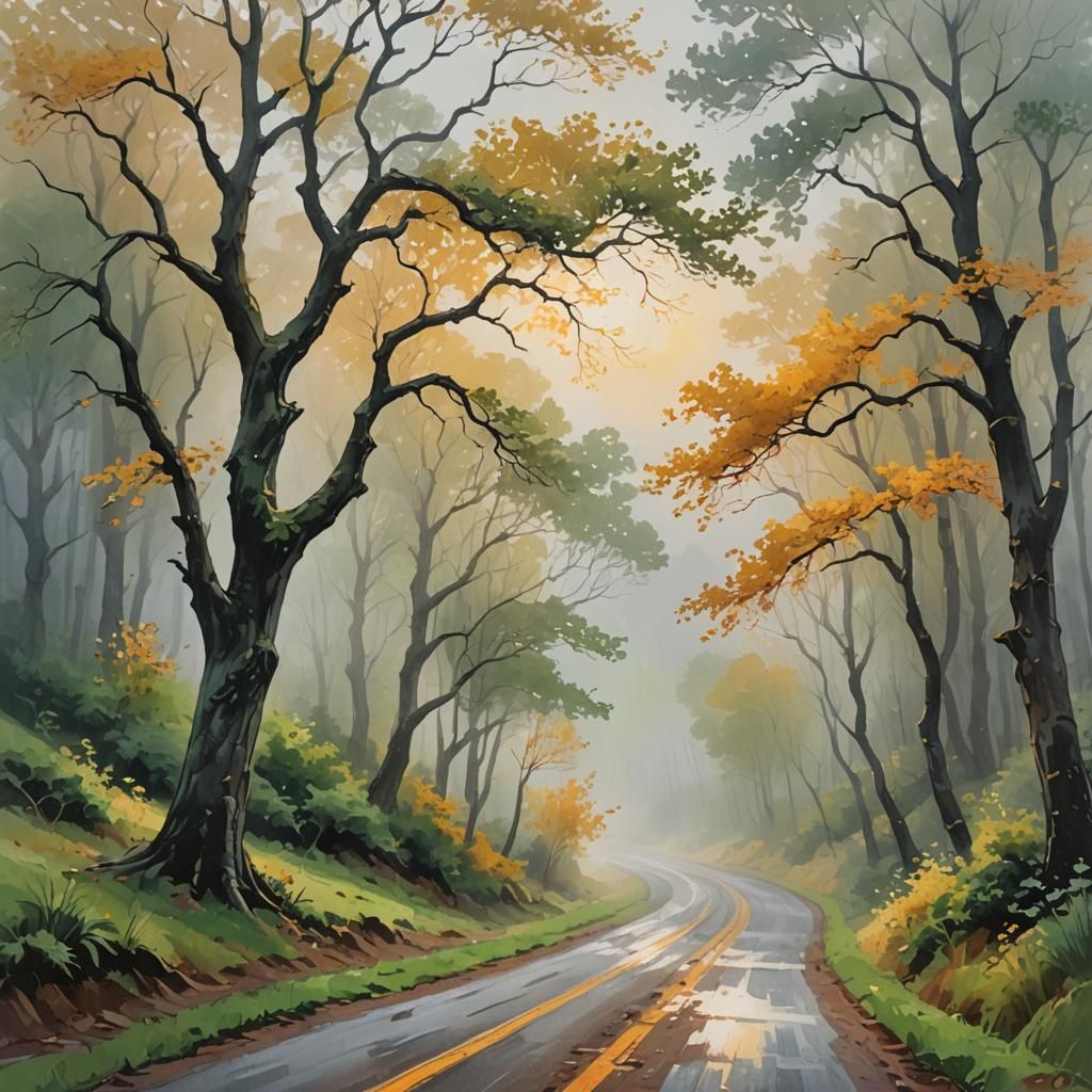 Winding Road Impressionist Gouache Painting in Overcast Ligh...