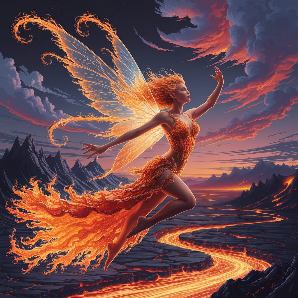 Fire Fairy Soaring Through Twilight Sky as Digital Art