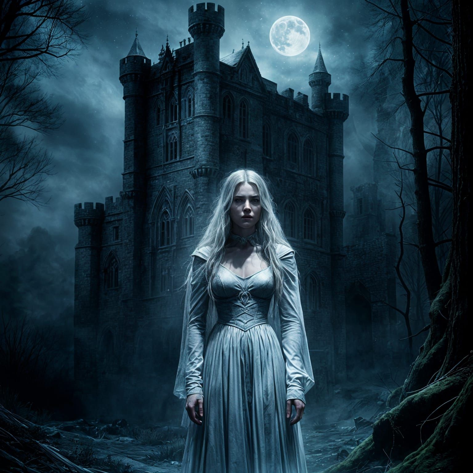 Ethereal Ghost Manifests in Castle Ruins Under Midnight Moon