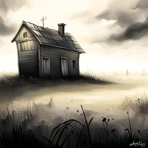 Colorful Lone House in Fog, Graffiti Art