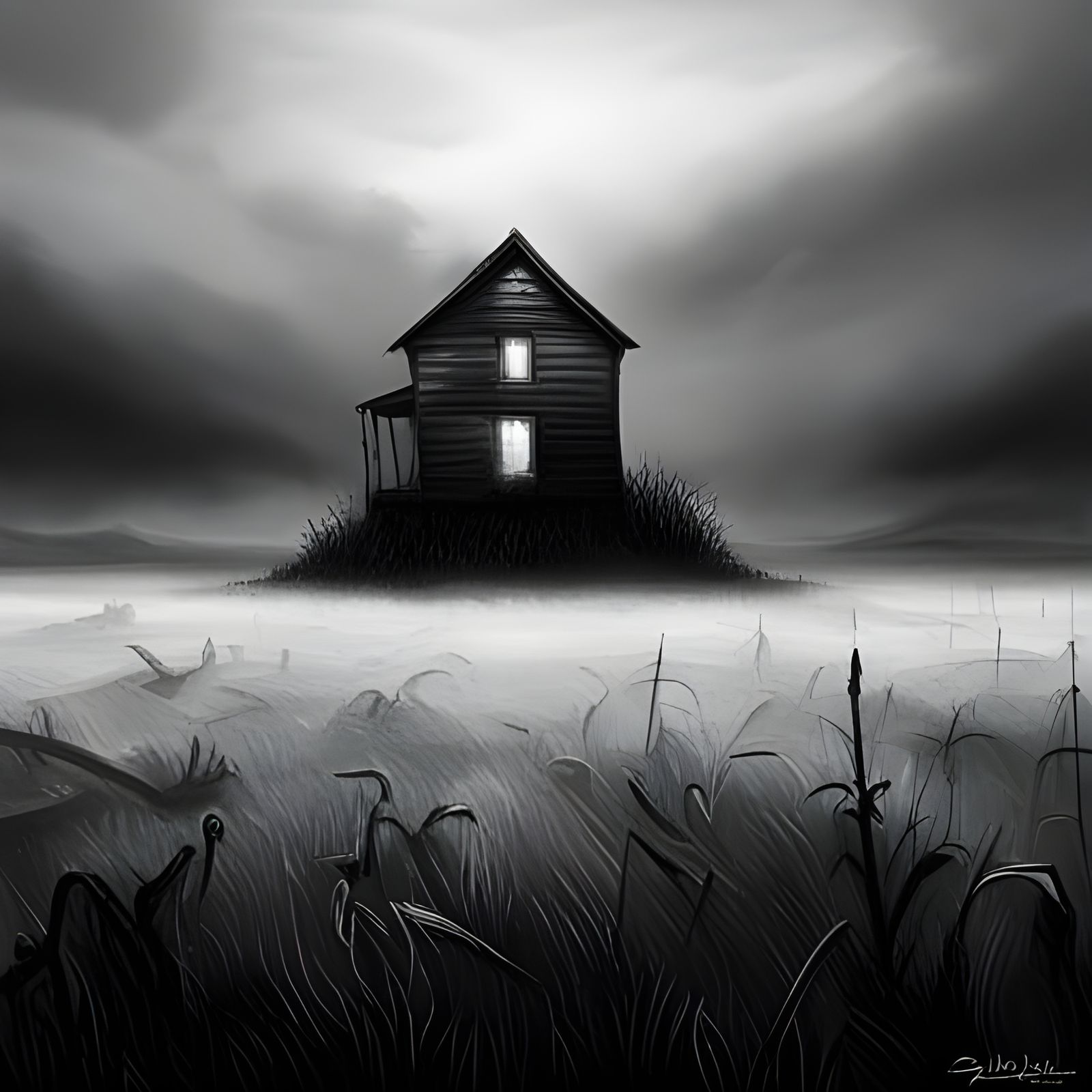 Foggy Field House in Graffiti Splash Art Style