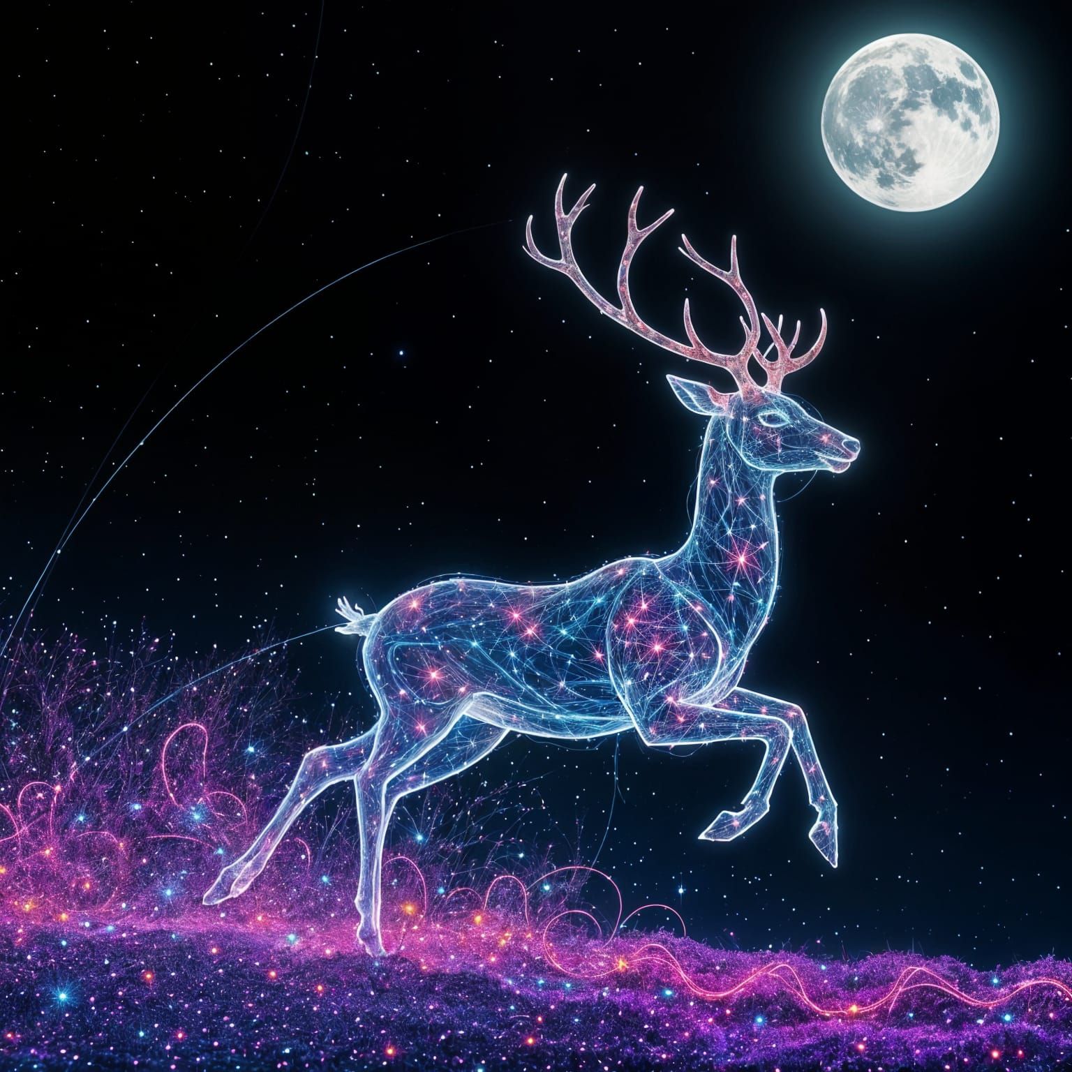 Mystic Deer Galloping Through Bioluminescent Stars