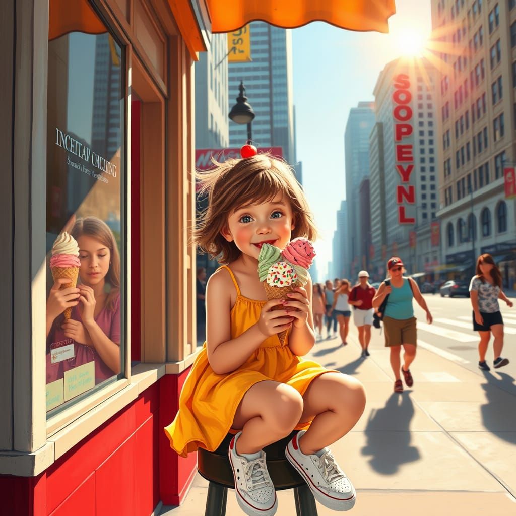 Girl Savoring Triple Scoop Ice Cream in Vibrant City Scene