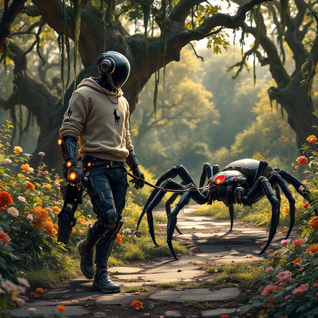Cyberpunk Robot Strolls Through Whimsical Park with Enchante...