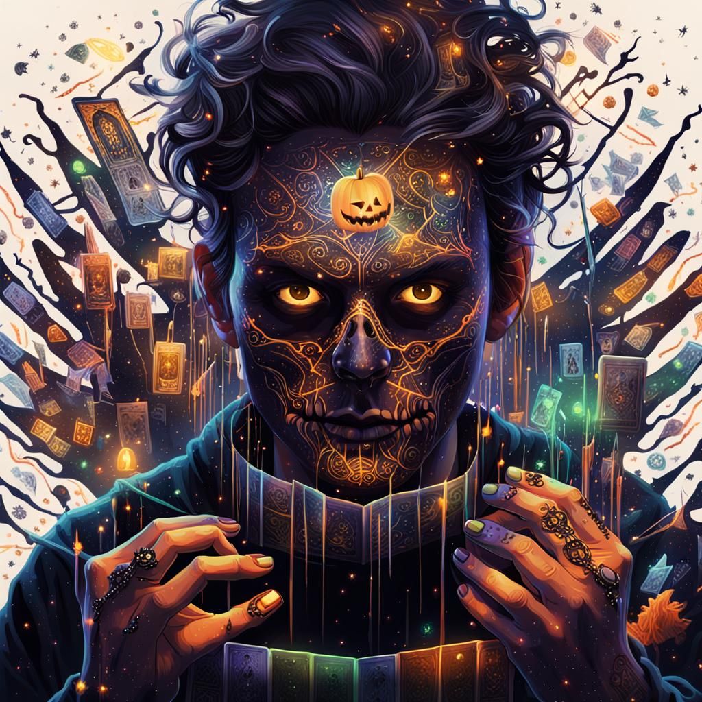 Halloween Tarot Card Design in a Neon-Lit Workshop