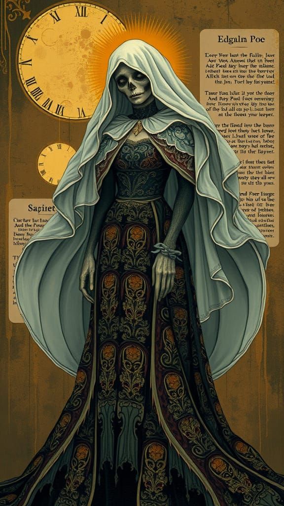 a sorrowful ghostly figure with an intricately patterned gown