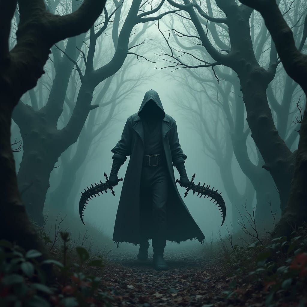 Dark Fantasy Assassin in Shadows, Dual Blades at the Ready
