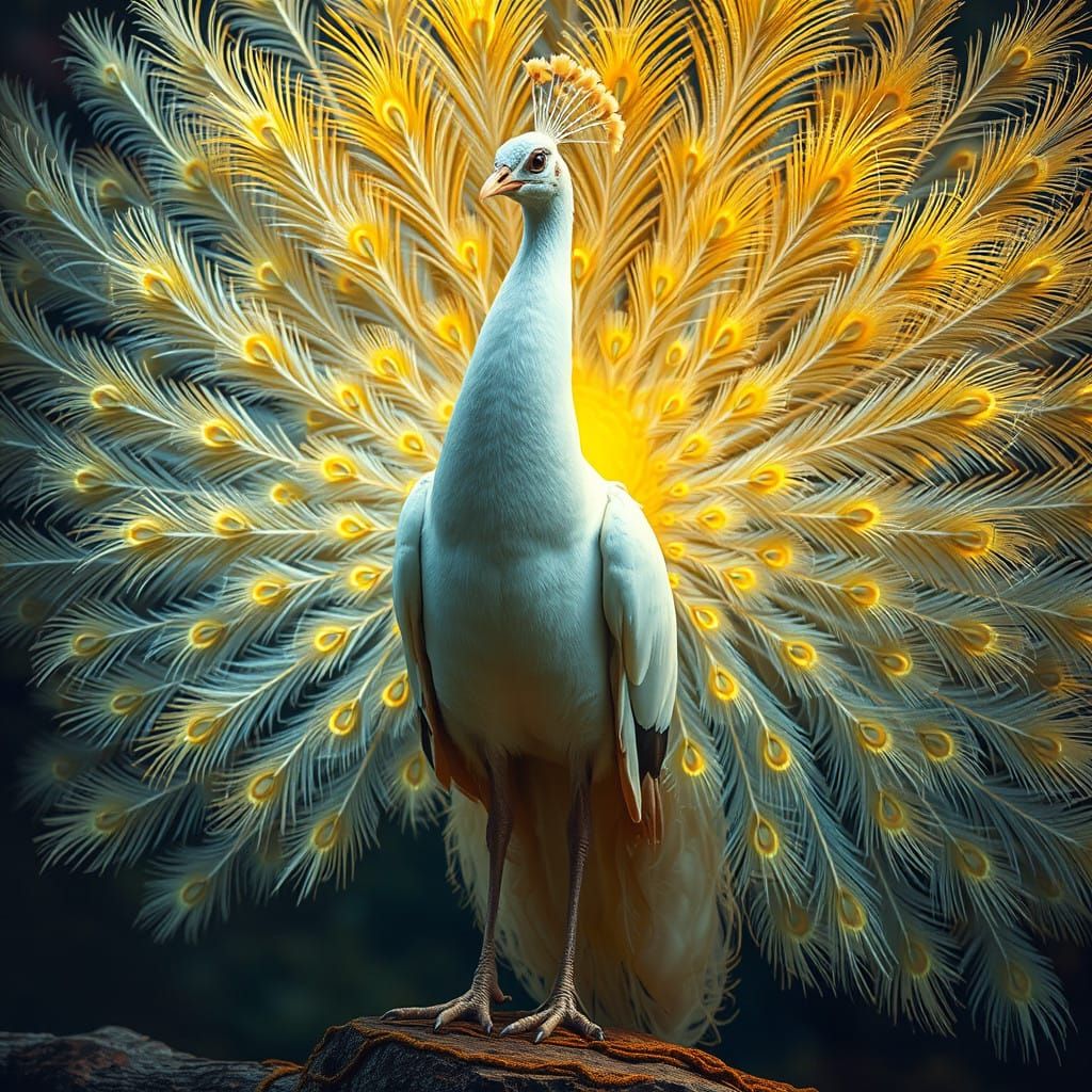 Majestic White Peacock in Vibrant Iridescent Plumage