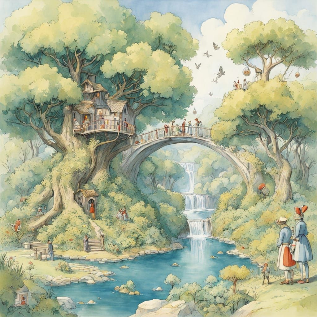 Whimsical Elf Village in Ancient Tree with Lanterns