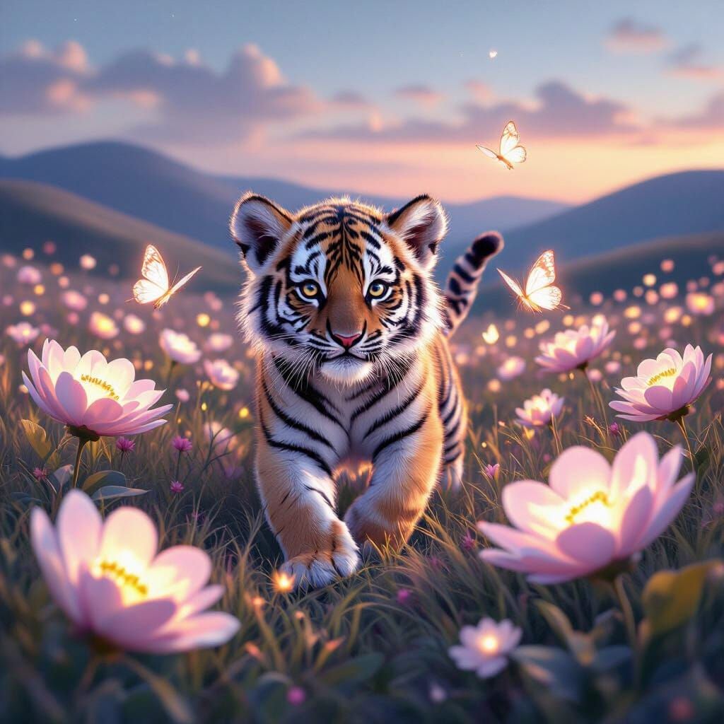 Tiger Cub Chases Glowing Butterflies in Luminous Dreamscape
