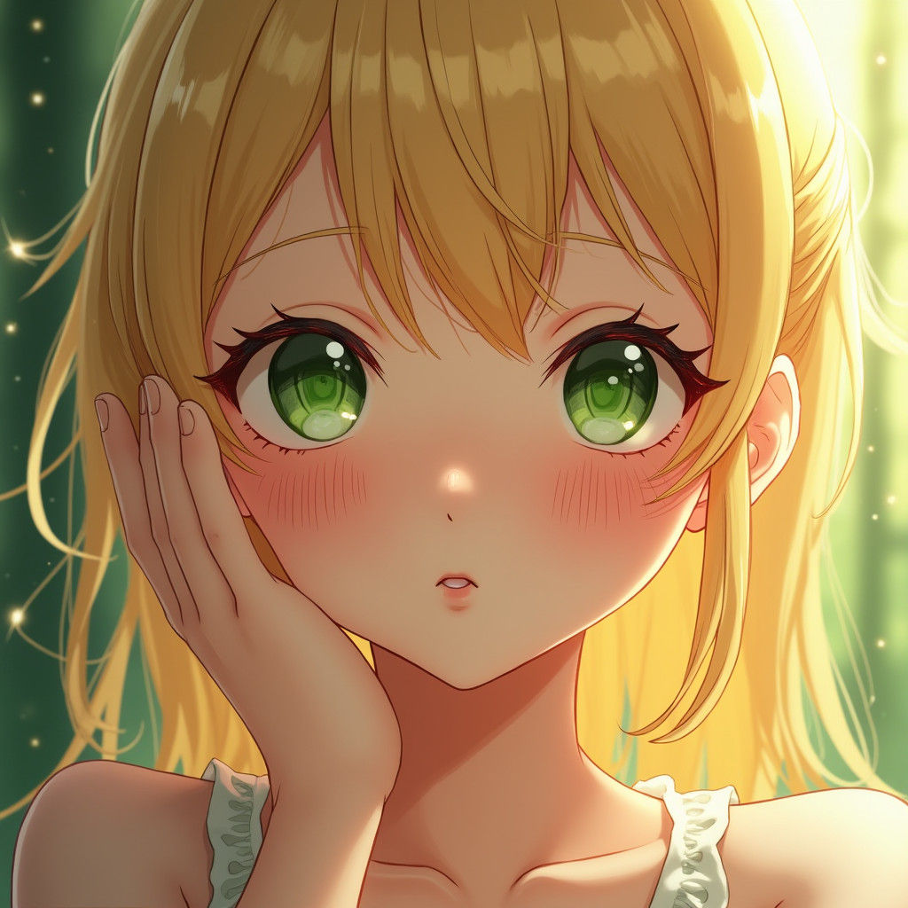 Anime Girl Portrait with Green Eyes and Freckles