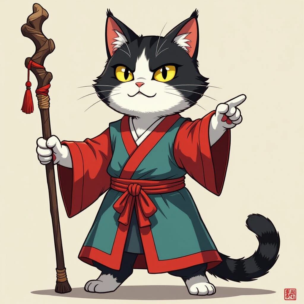 Chinese Wizard Cat Stands Defiantly With Staff