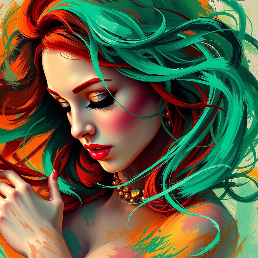 Abstract Redhead Art with Emerald Green Hair