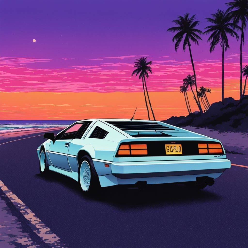 Vaporwave Sunset Beach Scene in Neon Colors