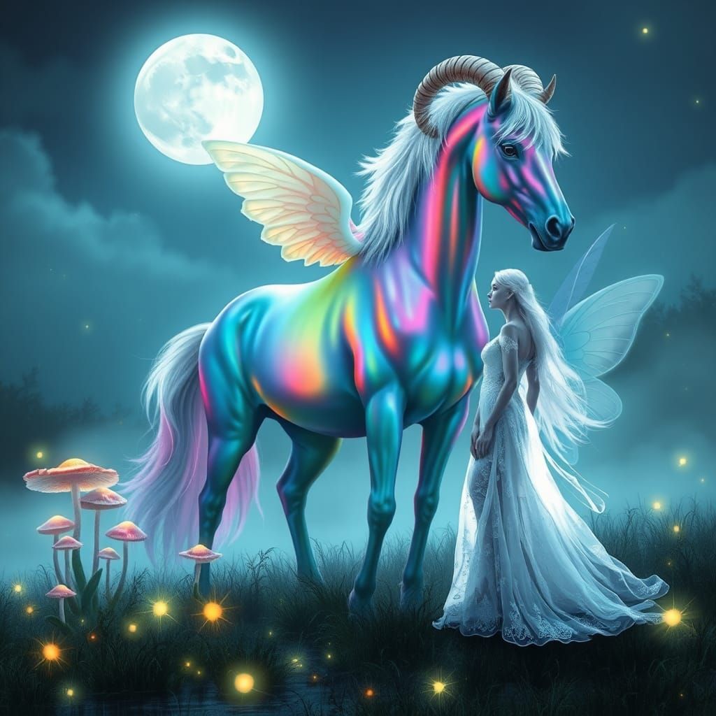 Rainbow Horse and Silver Fairy in Moonlit Marsh
