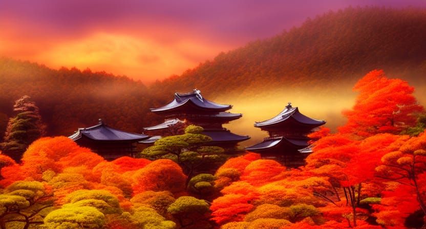 Epic Autumn Japanese Temple in Ukiyo-e Style
