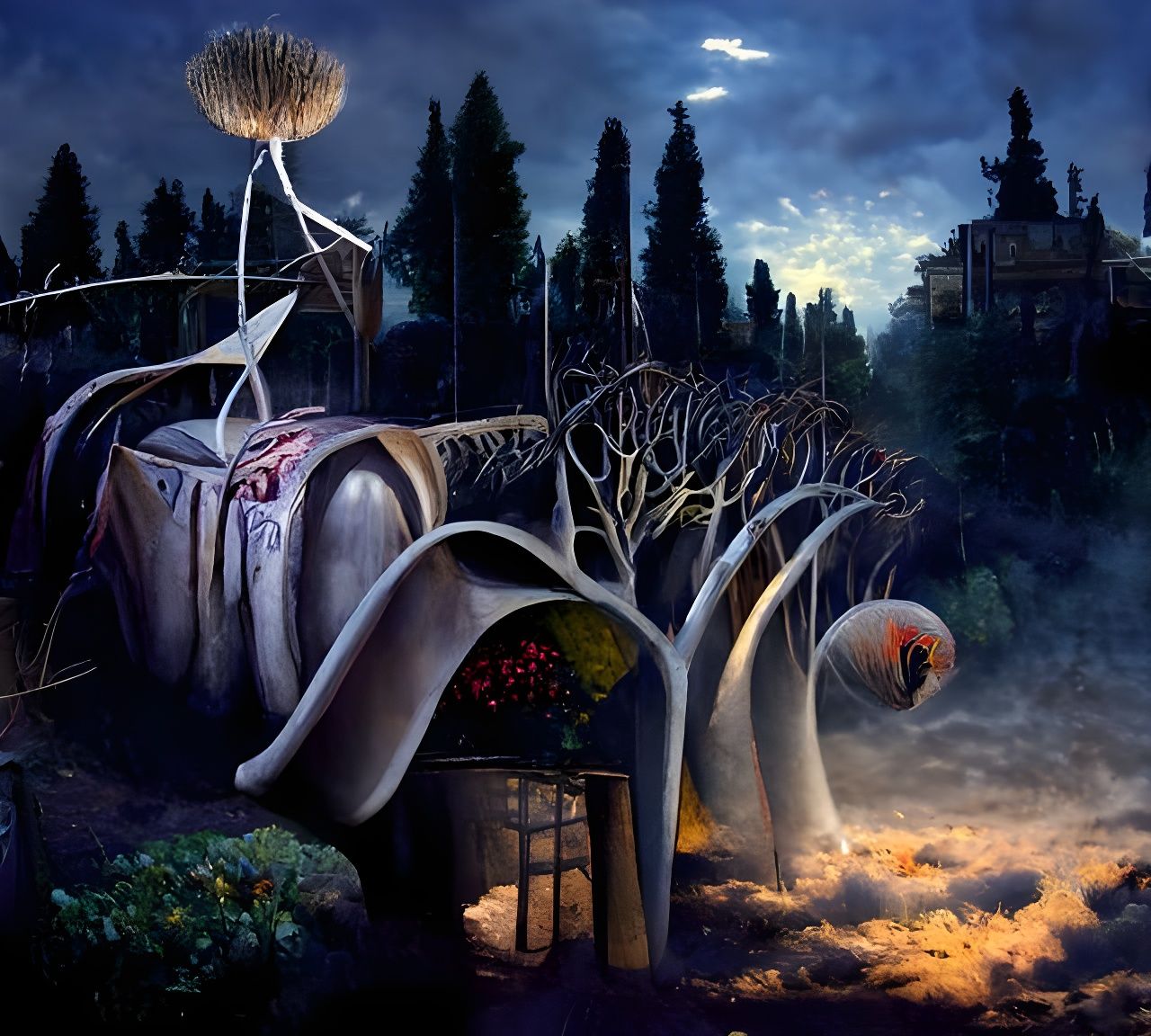 Dreamlike Twilight Garden: Oil Painting