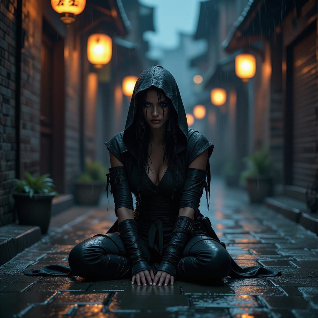 Melancholic Ninja Warrior in Rain-Slicked Alleyway