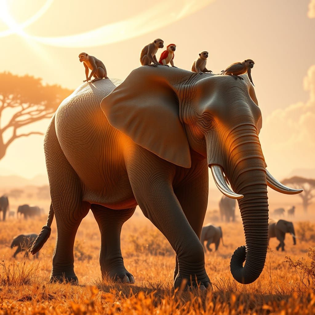 Majestic Elephant in Glowing Savannah, Futuristic Holographi...