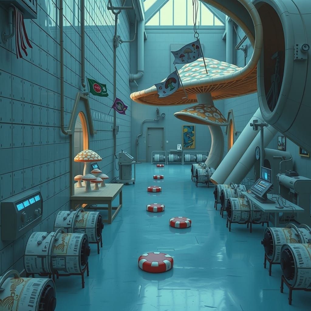 Surreal Pop-Art Sculpture of a Gigantic Mushroom in a Whimsi...