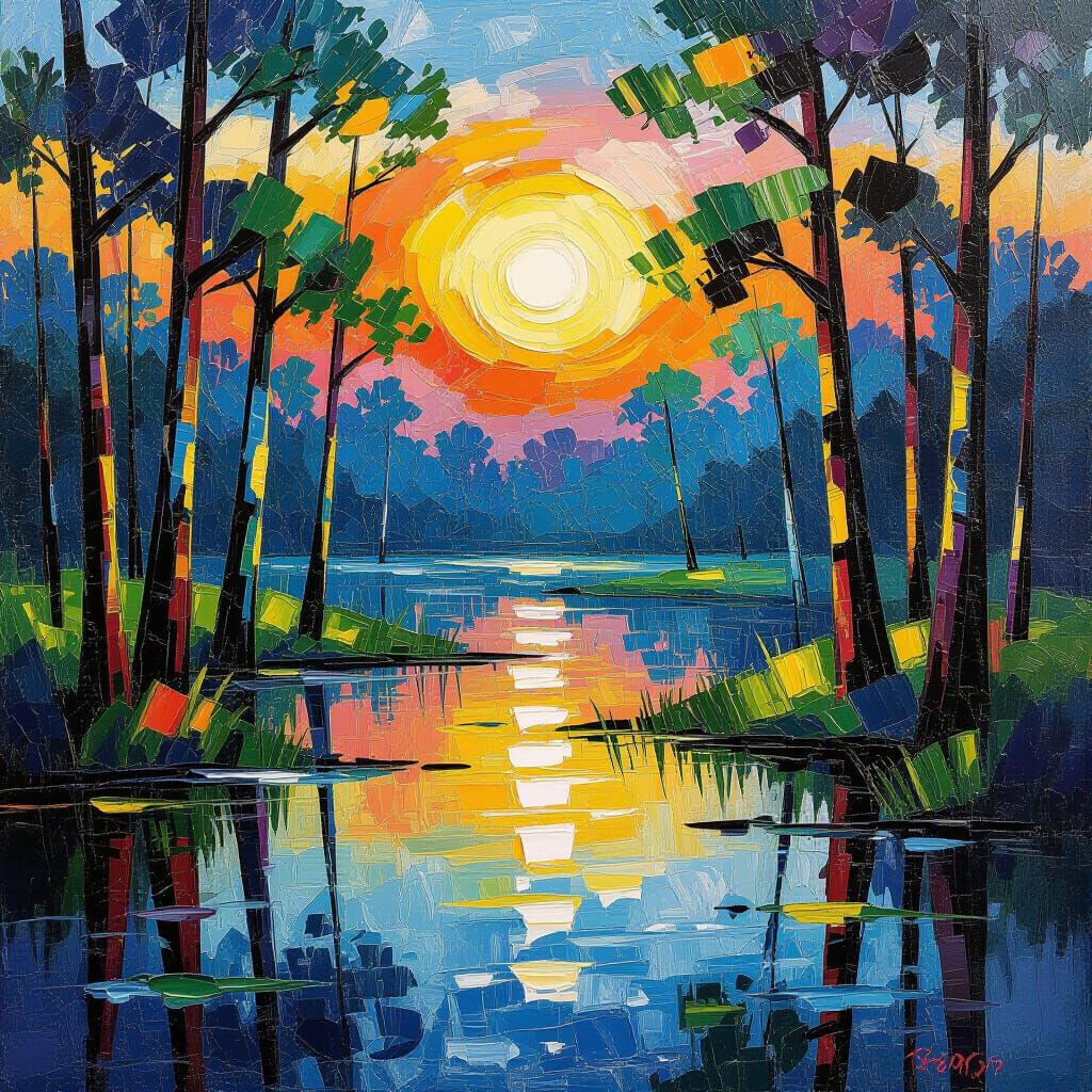 Vibrant Neo-Impressionist Swamp Painting