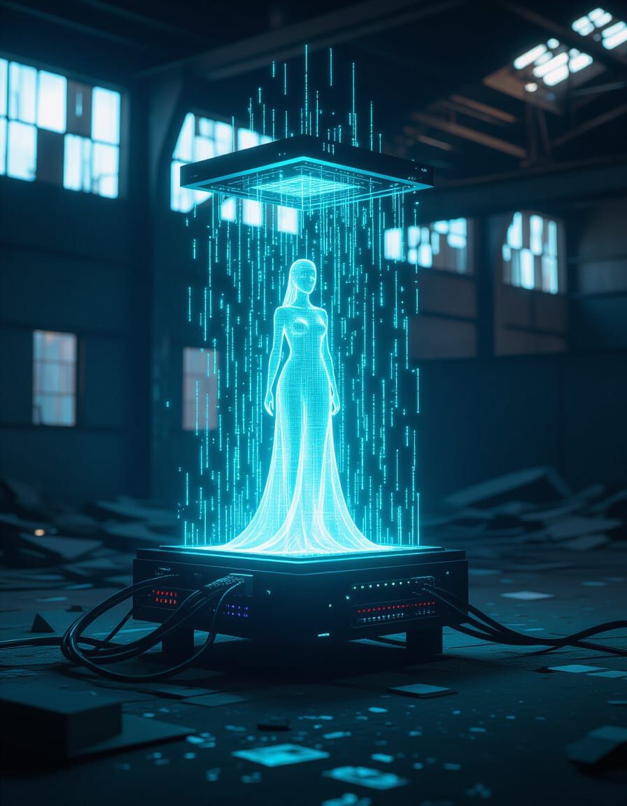 Futuristic Mining Rig in Abandoned Warehouse with Light Proj...