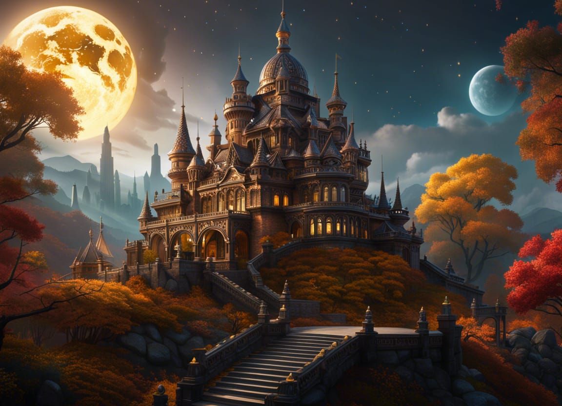 Gleaming White Castle Above Autumn Forest at Night