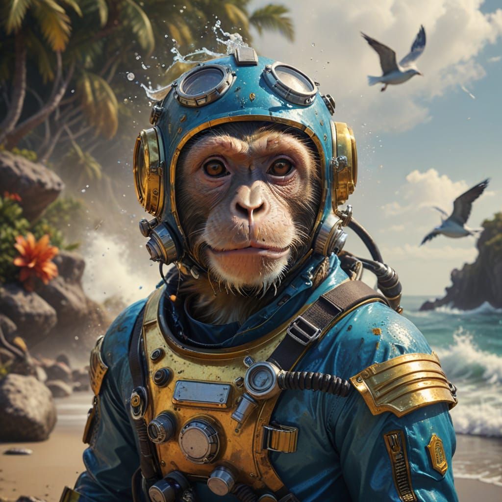 Vibrant Diving Monkey Captured in Oil Painting Style
