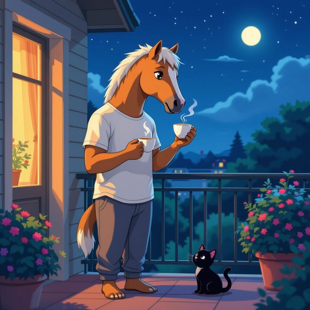 Fantasy Creature: Man With Horse Head on Balcony