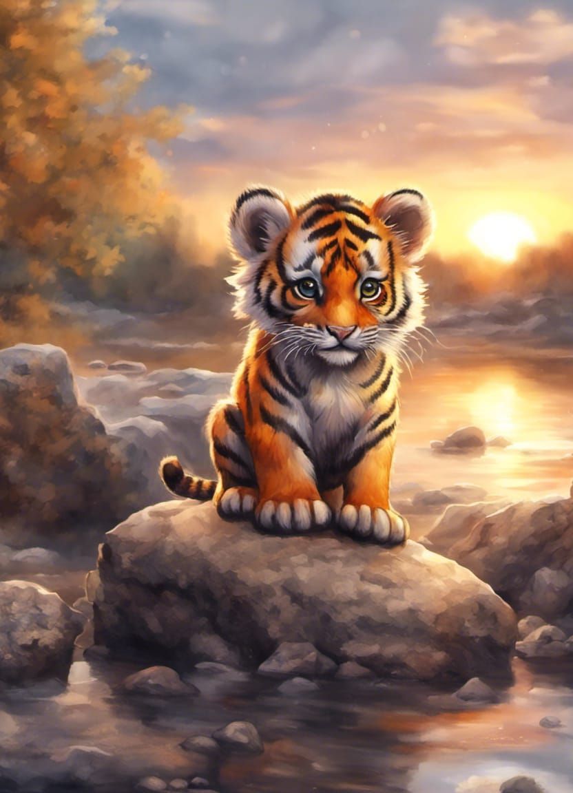 Cute Chibi Tiger Cub at Sunset Watercolor Painting