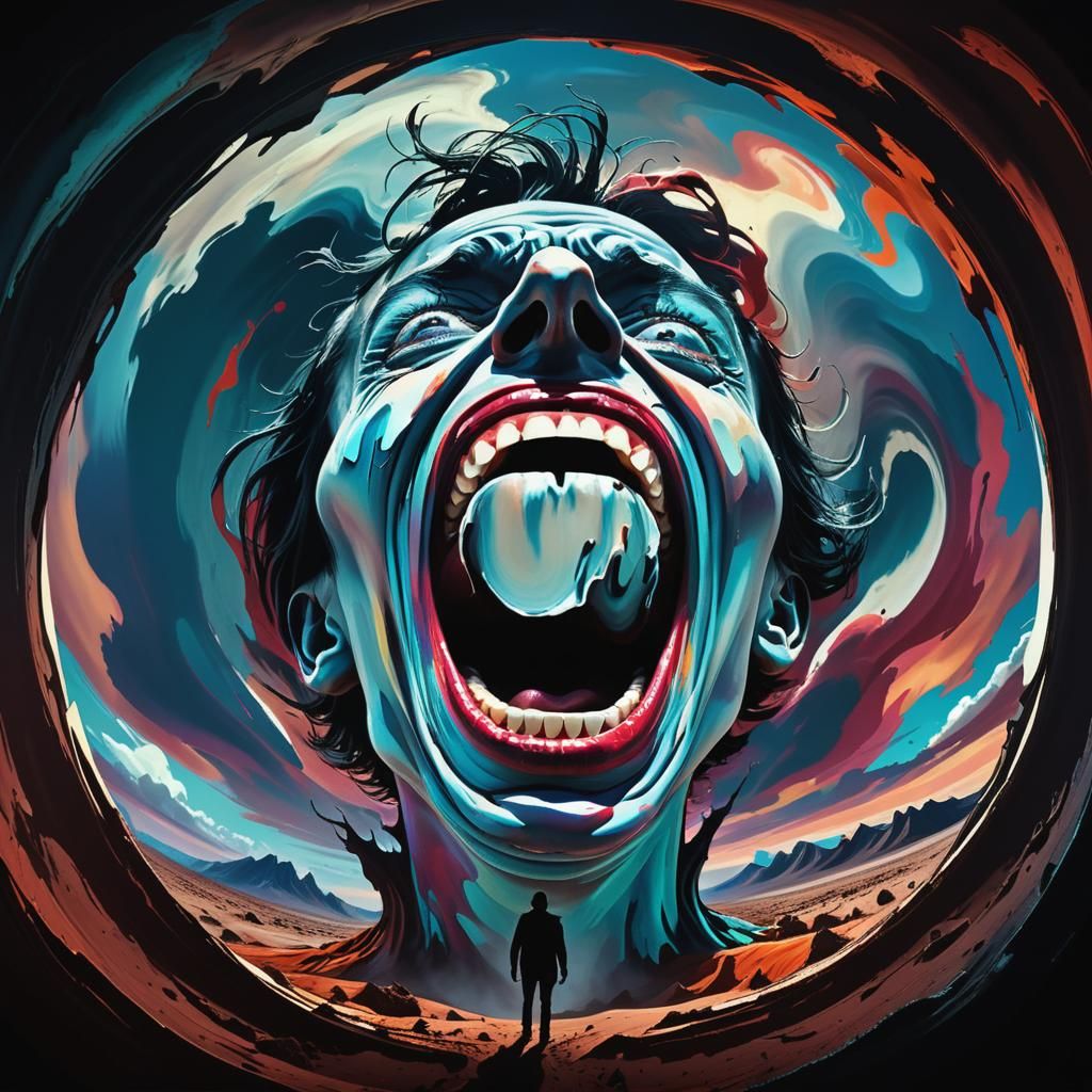 Surreal Person Screaming in Desolate Landscape