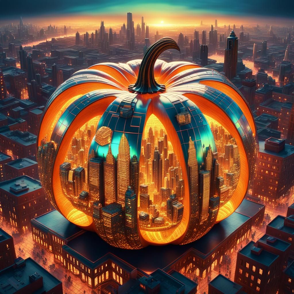 Teslapunk Cityscape Inside Iridescent Pumpkin