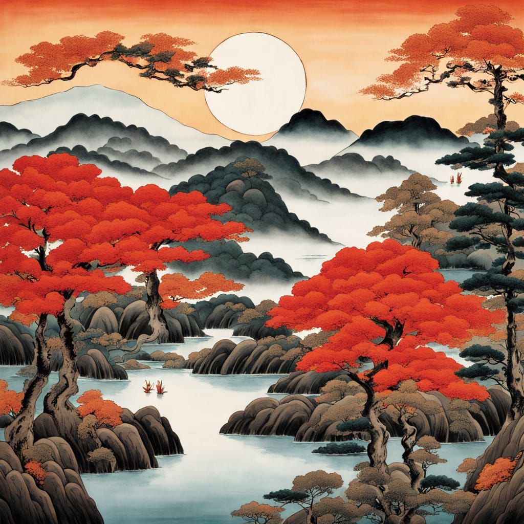 Sun Moon Five Peaks Landscape Painting