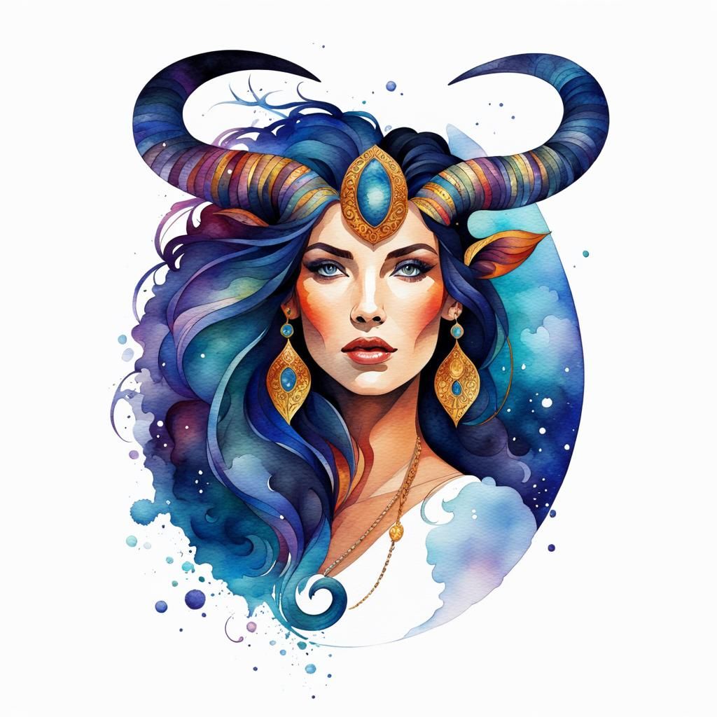 Watercolor Capricorn Zodiac Woman in Splash Art Style