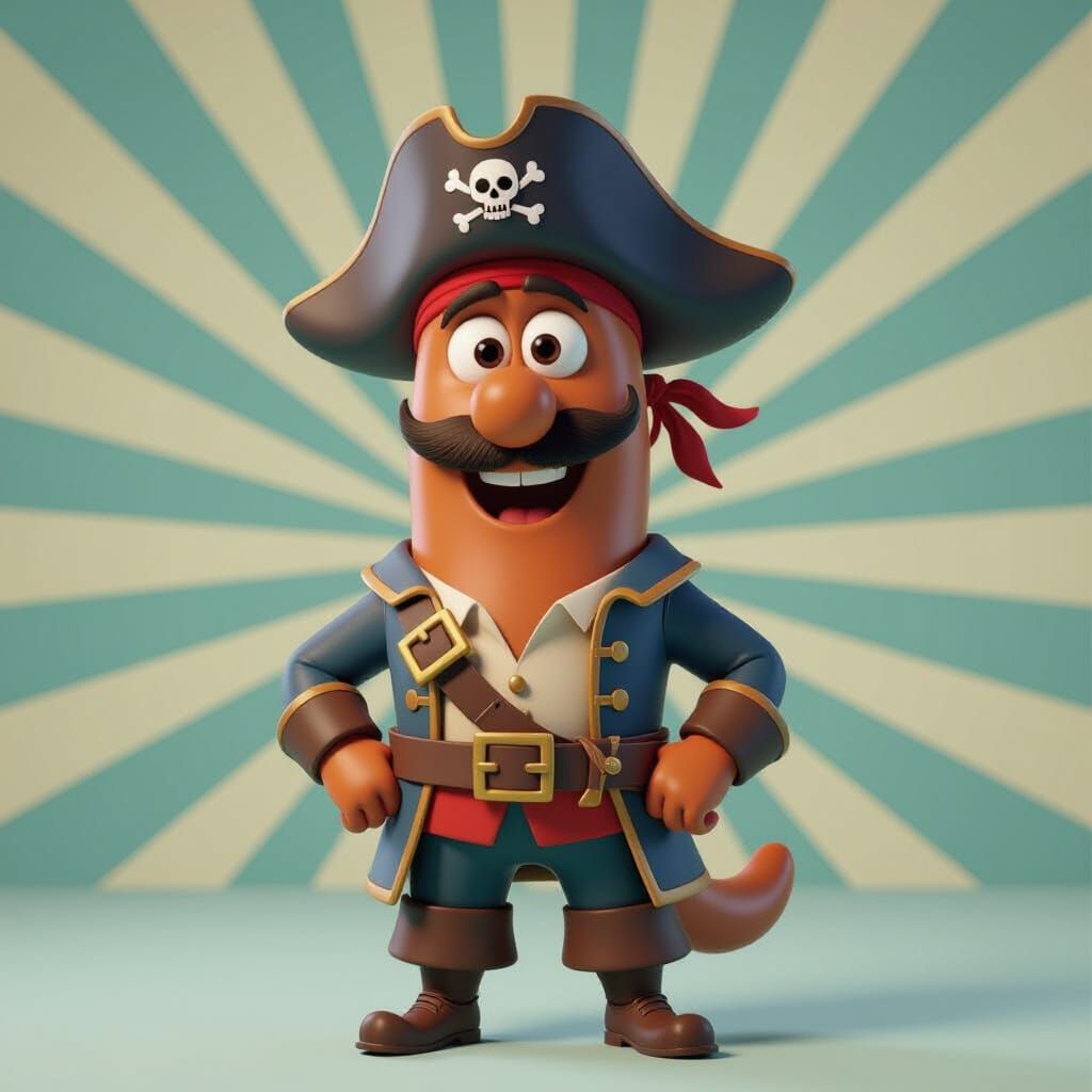 A cartoon sausage dressed up as a pirate, Pixar, Disney, con...