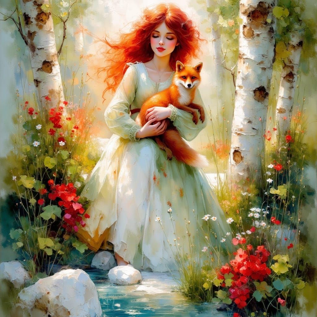 Whimsical Watercolor Portrait of a Red-Haired Woman with a F...