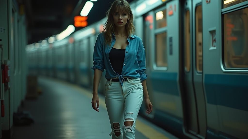 Woman Exiting Metro Train in Cinematic Lighting