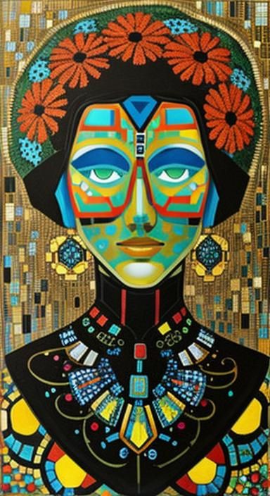 Zinnias and Robot in Geometric Mosaic