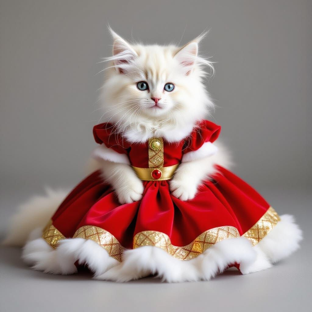 Kitten in Christmas Dress on Grey Background